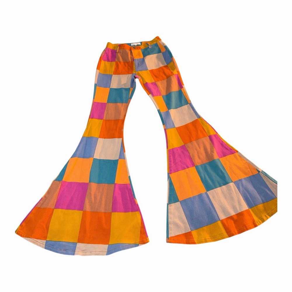 Peach Love Patchwork Bell Bottom Pants S Multi Color Flare 70s Inspired Boho - Picture 3 of 10